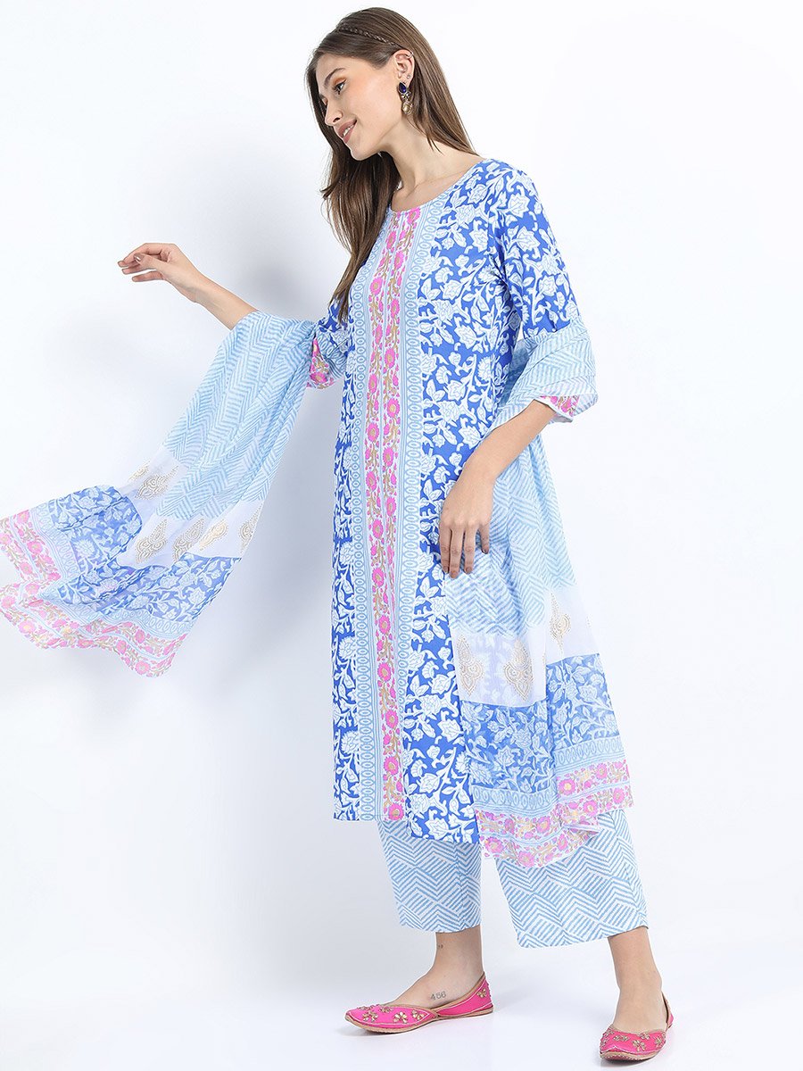 Women Blue Printed Kurta Set with Dupatta