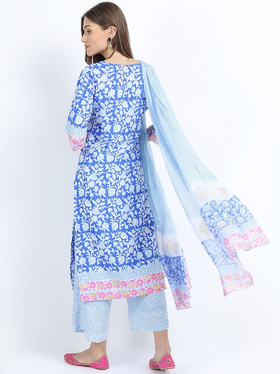 Women Blue Printed Kurta Set with Dupatta