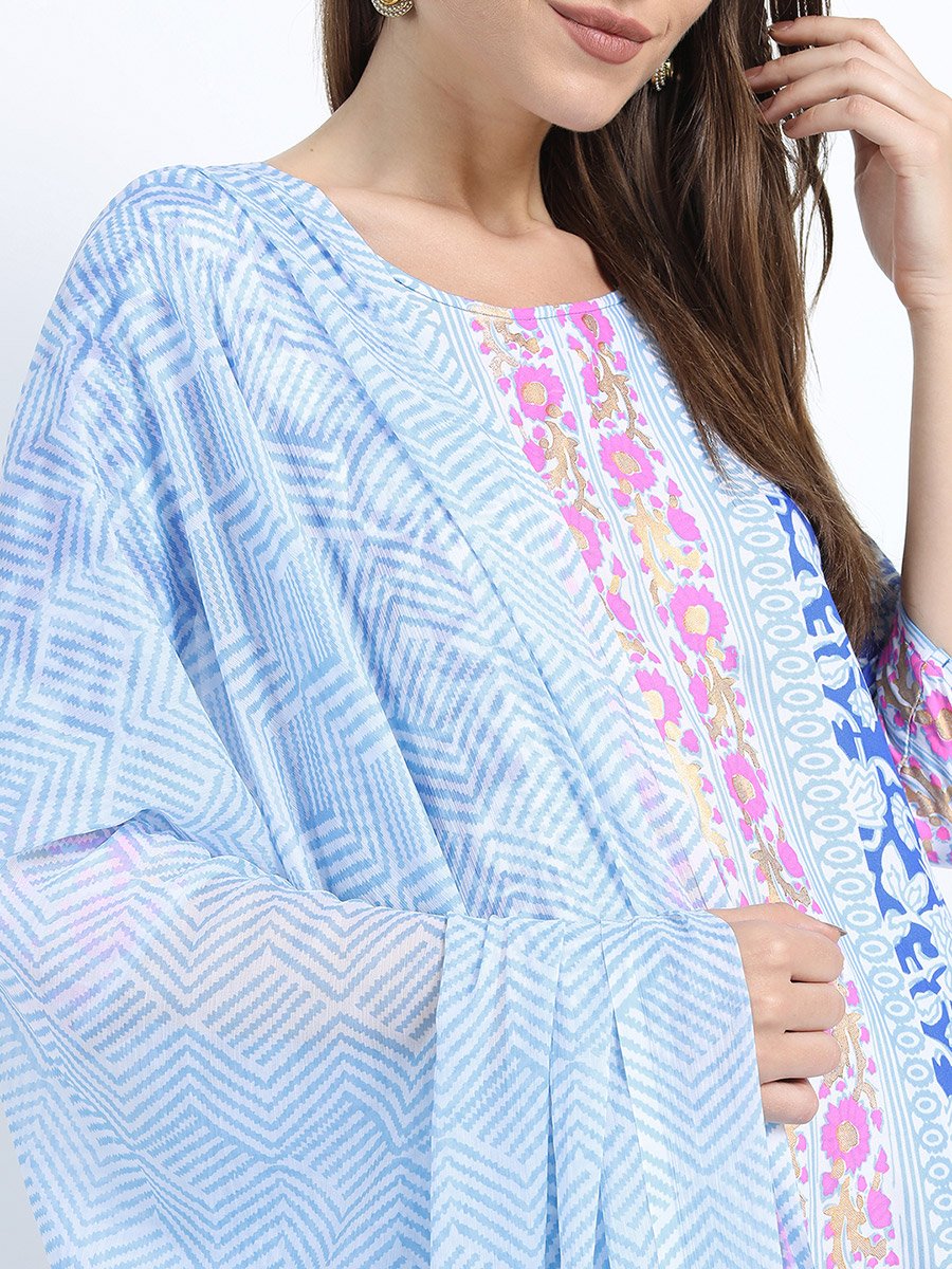 Women Blue Printed Kurta Set with Dupatta