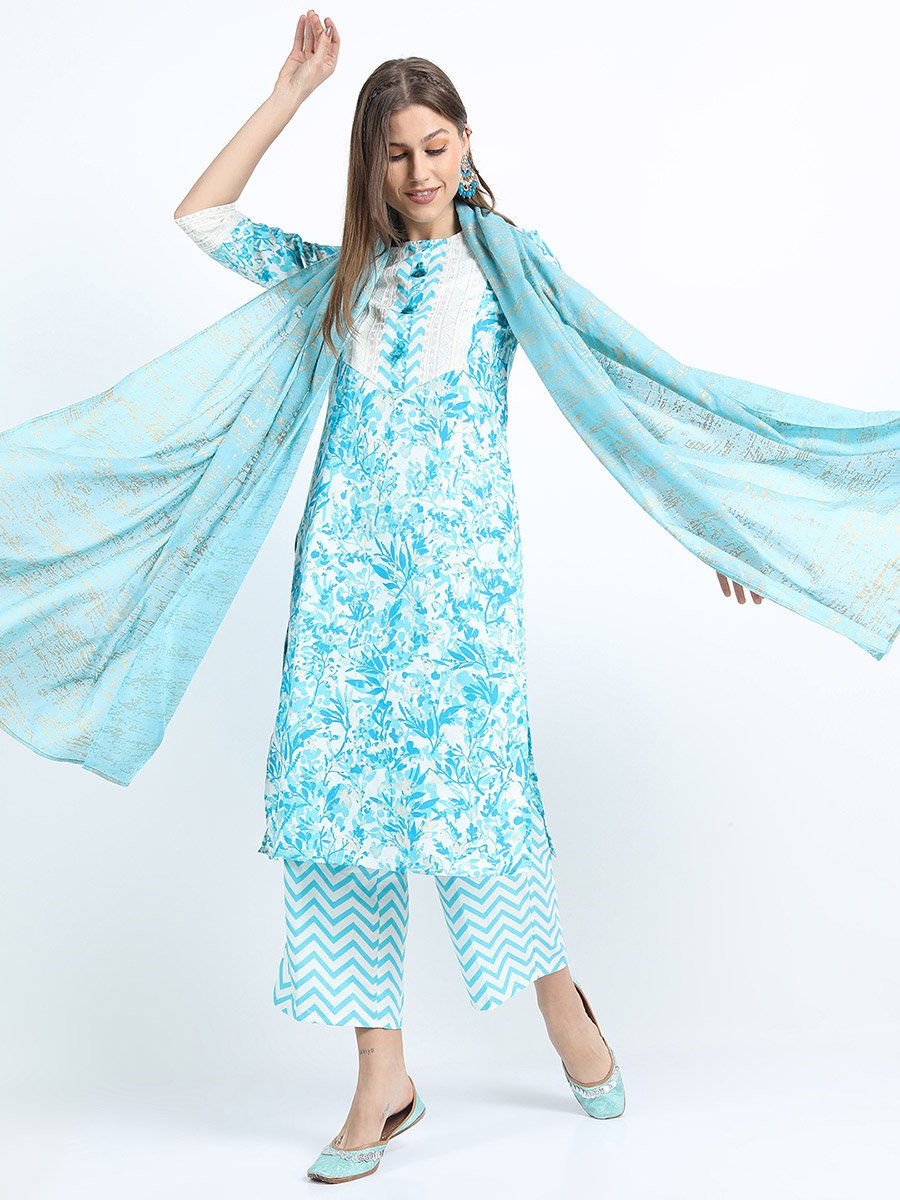 Womens Turquoise Blue Printed Kurta Set with Palazzo and Dupatta