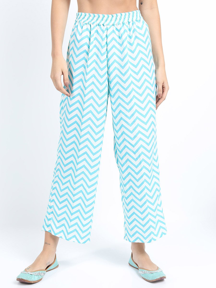 Womens Turquoise Blue Printed Kurta Set with Palazzo and Dupatta