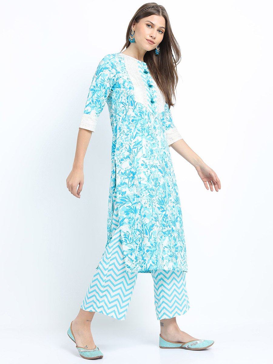 Womens Turquoise Blue Printed Kurta Set with Palazzo and Dupatta