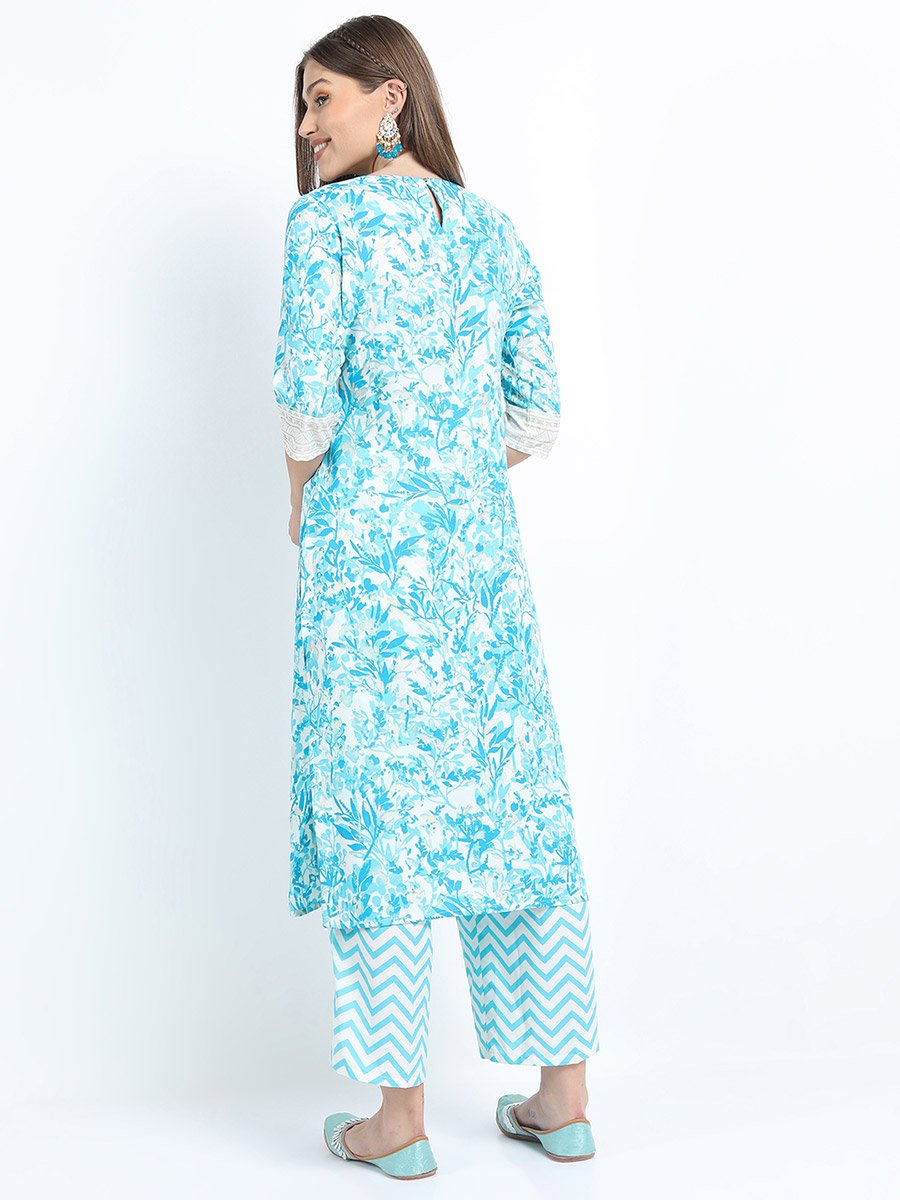 Womens Turquoise Blue Printed Kurta Set with Palazzo and Dupatta