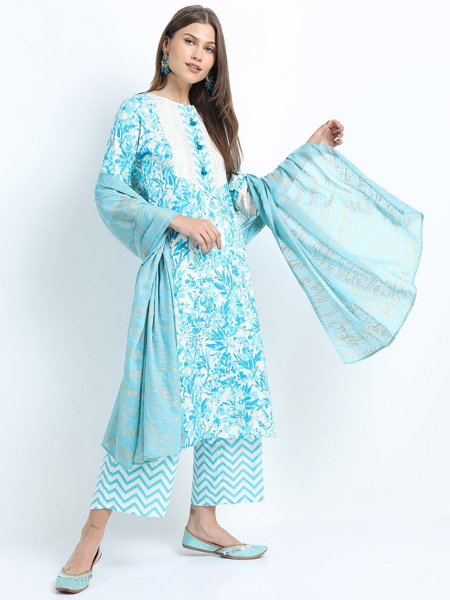 Womens Turquoise Blue Printed Kurta Set with Palazzo and Dupatta