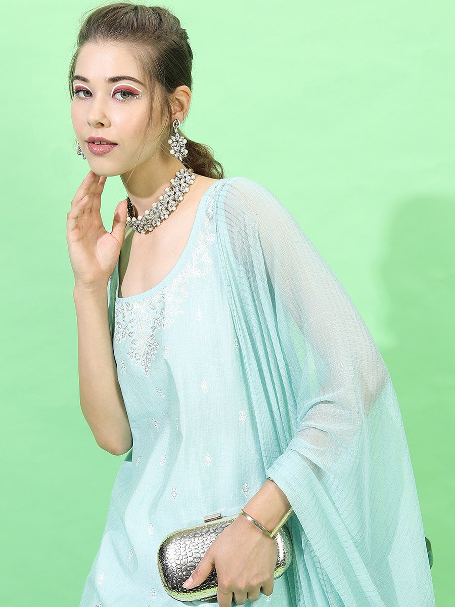 Women Blue Printed Kurta Set with Dupatta