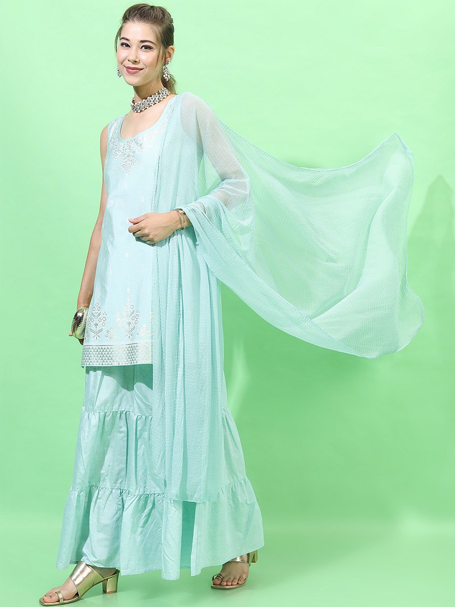 Women Blue Printed Kurta Set with Dupatta