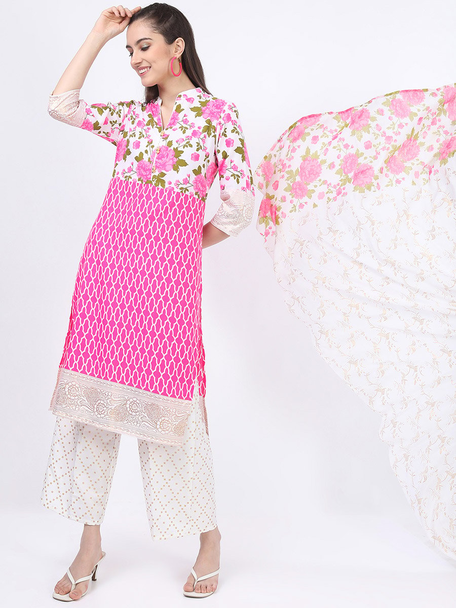 Women Pink Floral Printed Kurta Set with Palazzos and Dupatta
