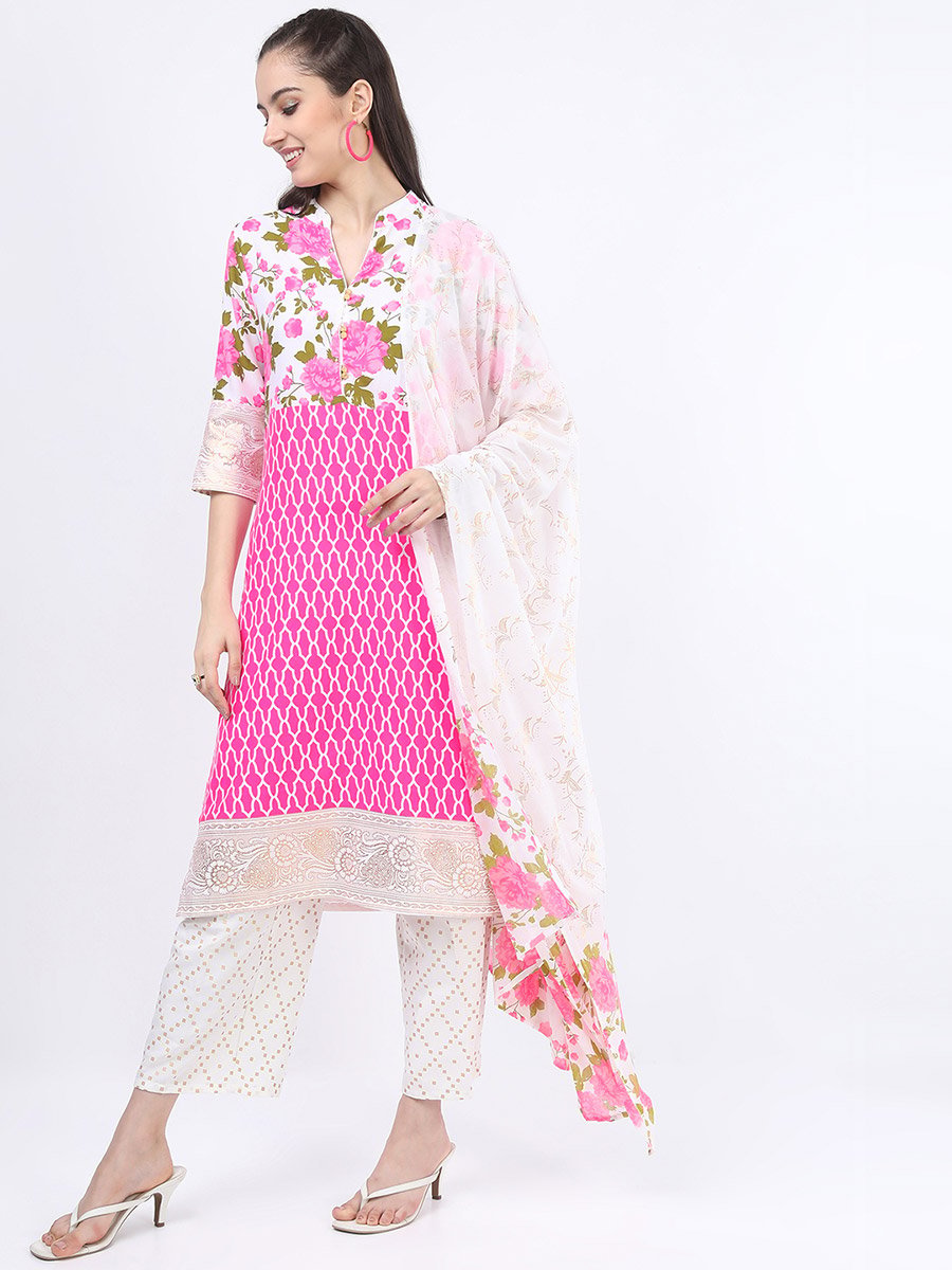Women Pink Floral Printed Kurta Set with Palazzos and Dupatta