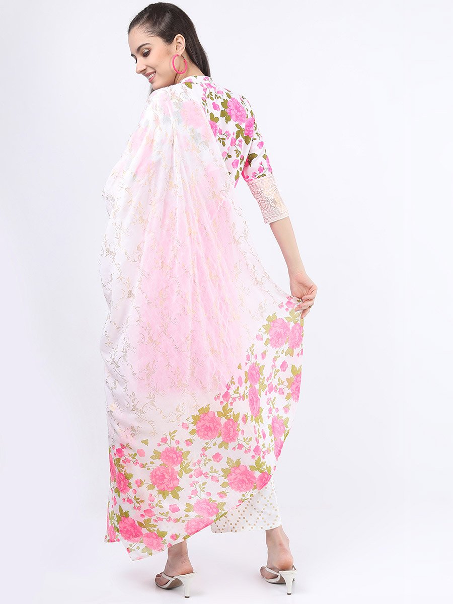 Women Pink Floral Printed Kurta Set with Palazzos and Dupatta