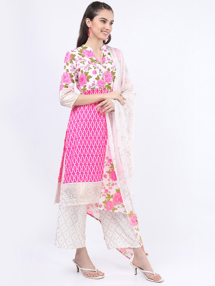 Women Pink Floral Printed Kurta Set with Palazzos and Dupatta