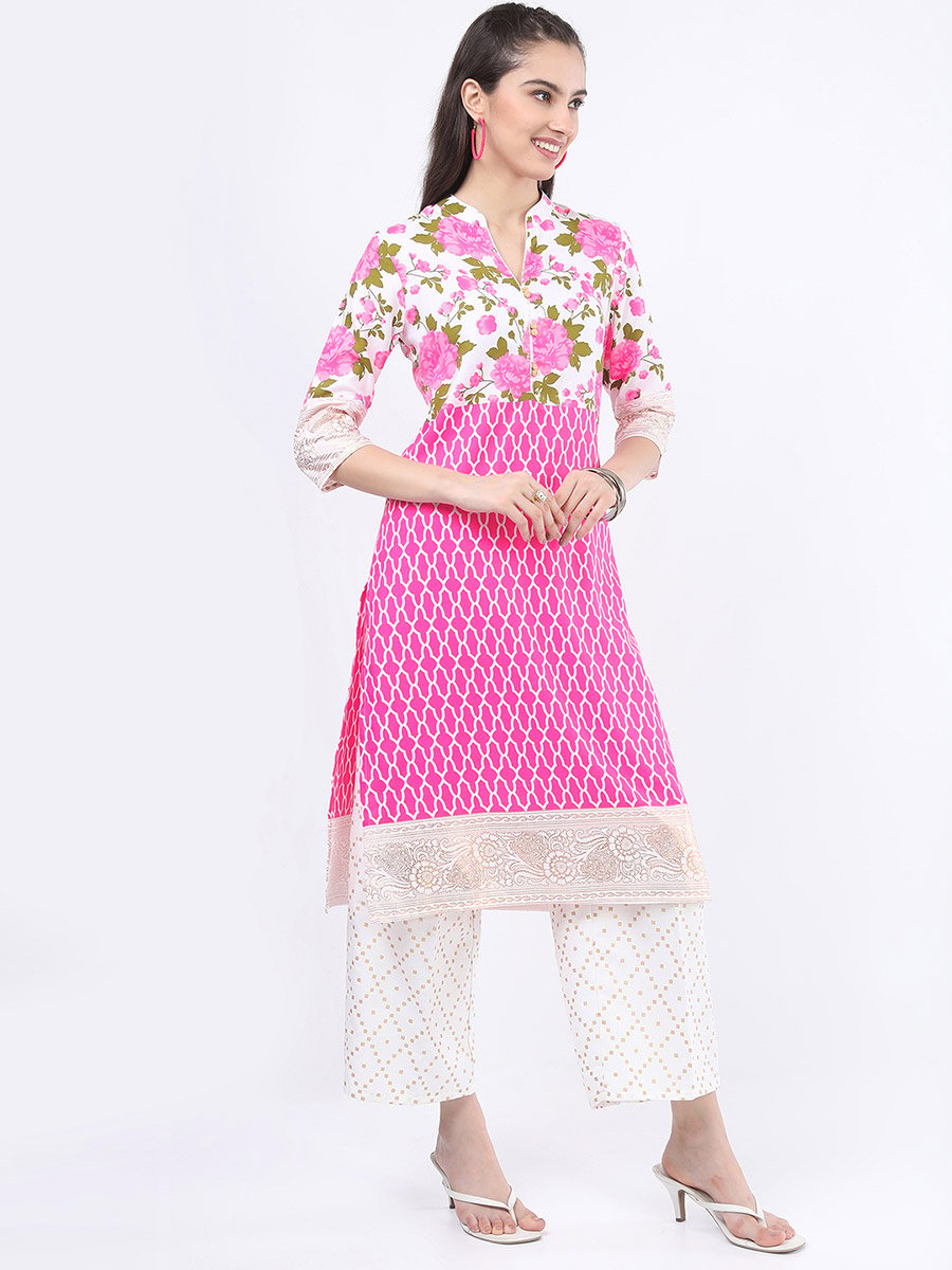 Women Pink Floral Printed Kurta Set with Palazzos and Dupatta