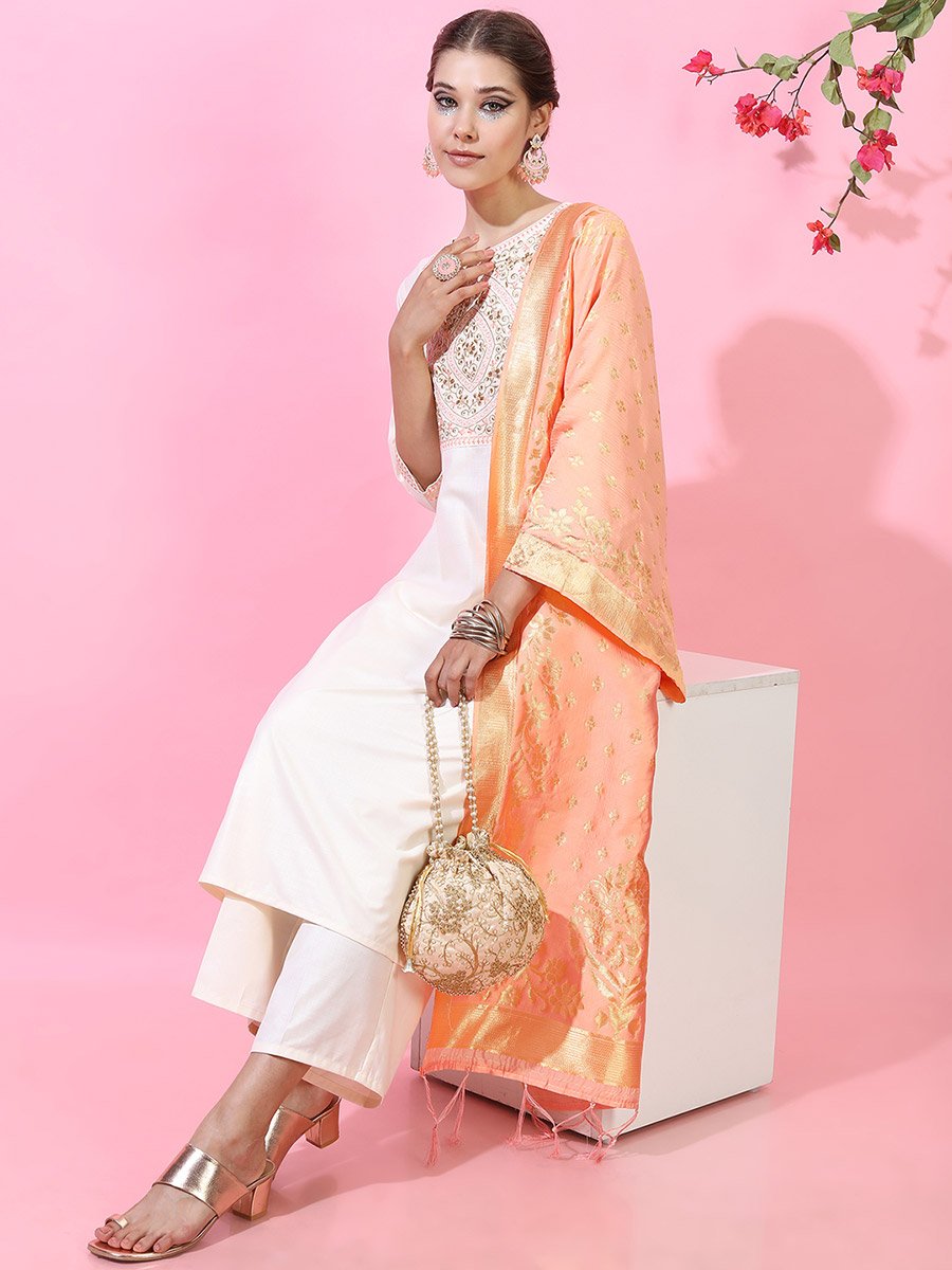 Women Cream Embroidered Kurta Set with Dupatta