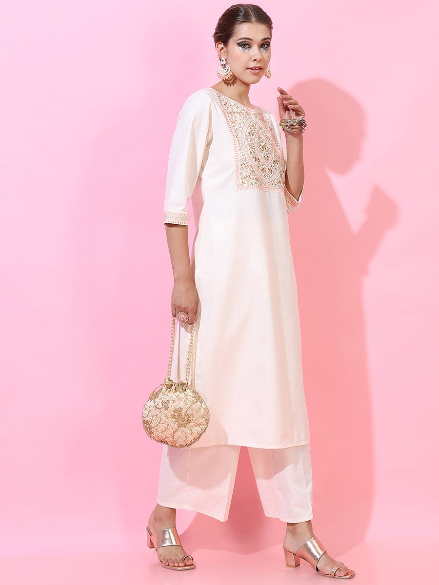 Women Cream Embroidered Kurta Set with Dupatta