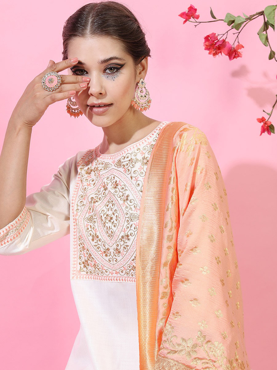 Women Cream Embroidered Kurta Set with Dupatta