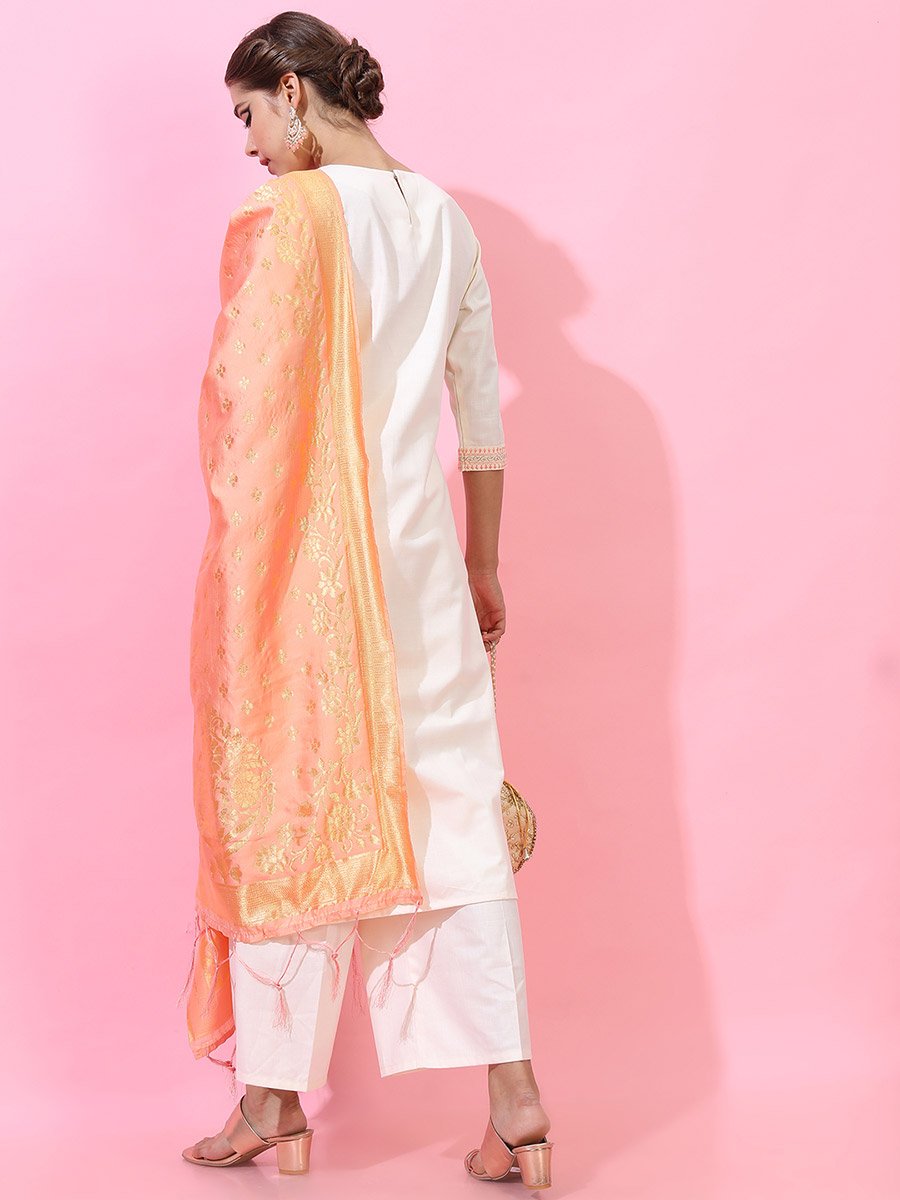 Women Cream Embroidered Kurta Set with Dupatta