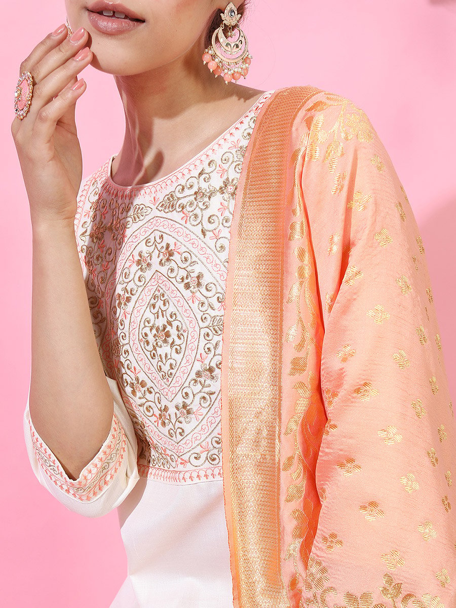 Women Cream Embroidered Kurta Set with Dupatta
