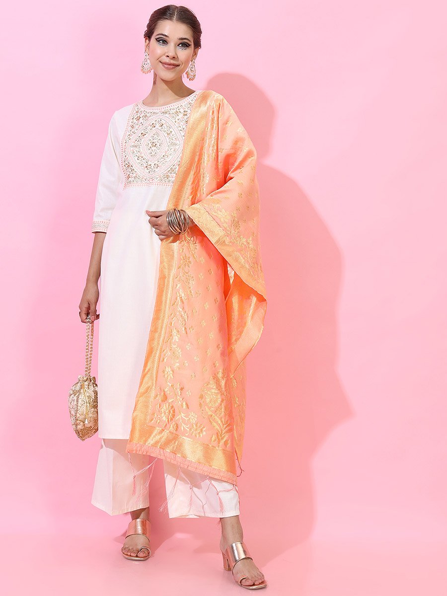 Women Cream Embroidered Kurta Set with Dupatta
