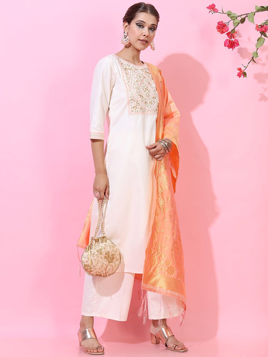 Women Cream Embroidered Kurta Set with Dupatta