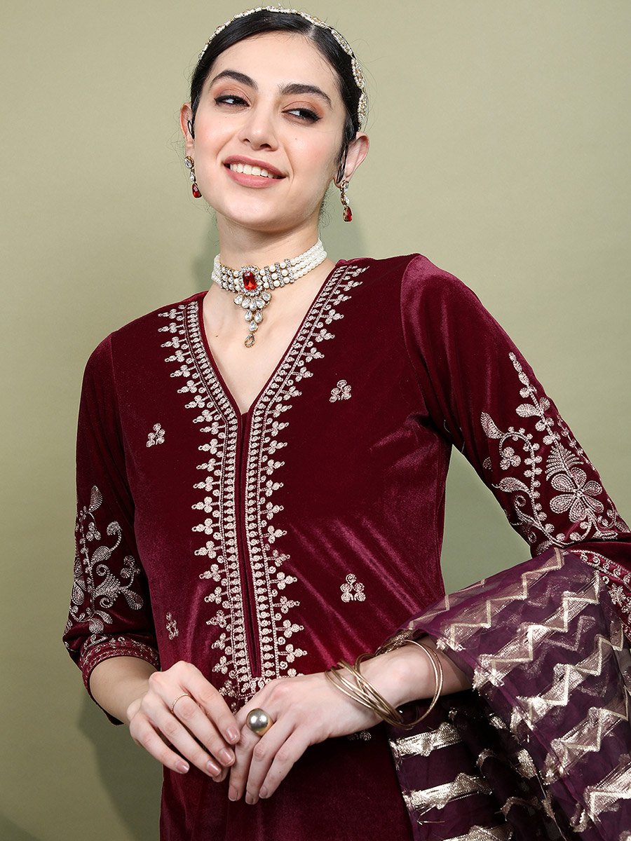Red Embroidered Velvet Kurta Set with Dupatta