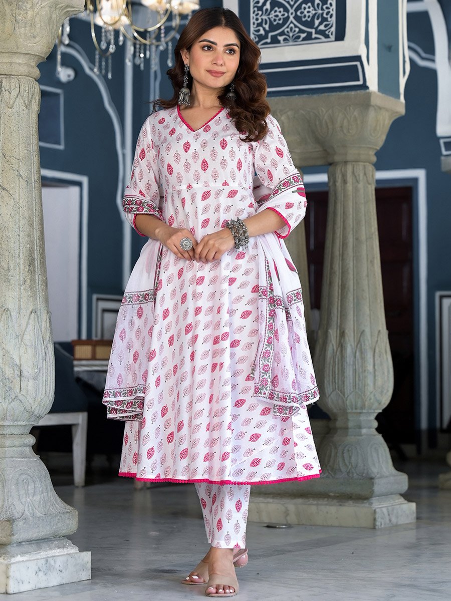 White Cotton Kurta Set with Pink Floral Print