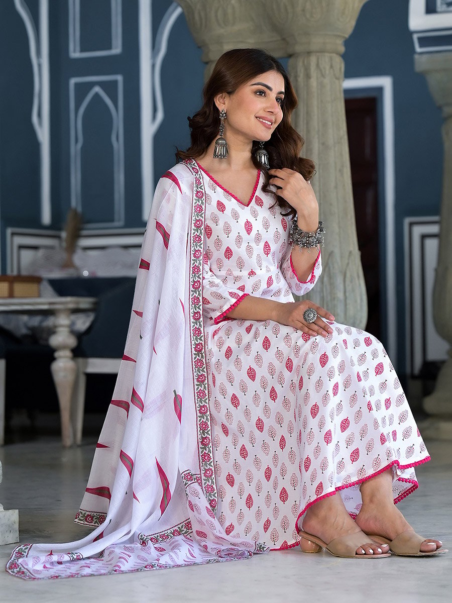 White Cotton Kurta Set with Pink Floral Print