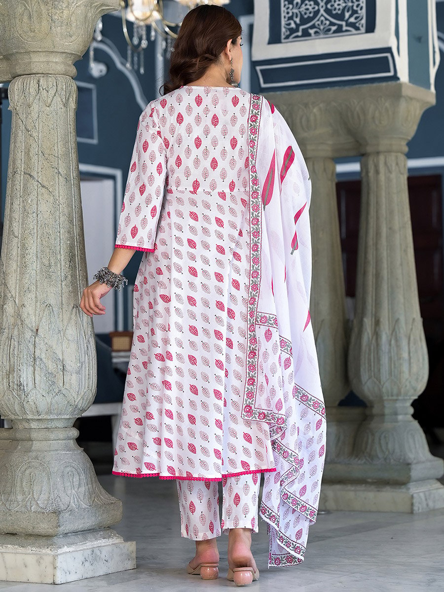White Cotton Kurta Set with Pink Floral Print
