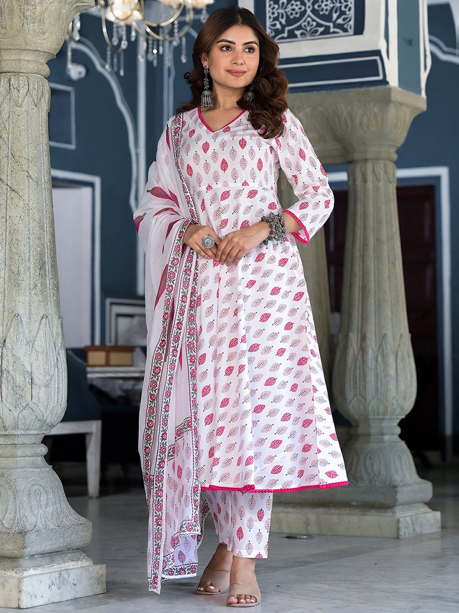 White Cotton Kurta Set with Pink Floral Print
