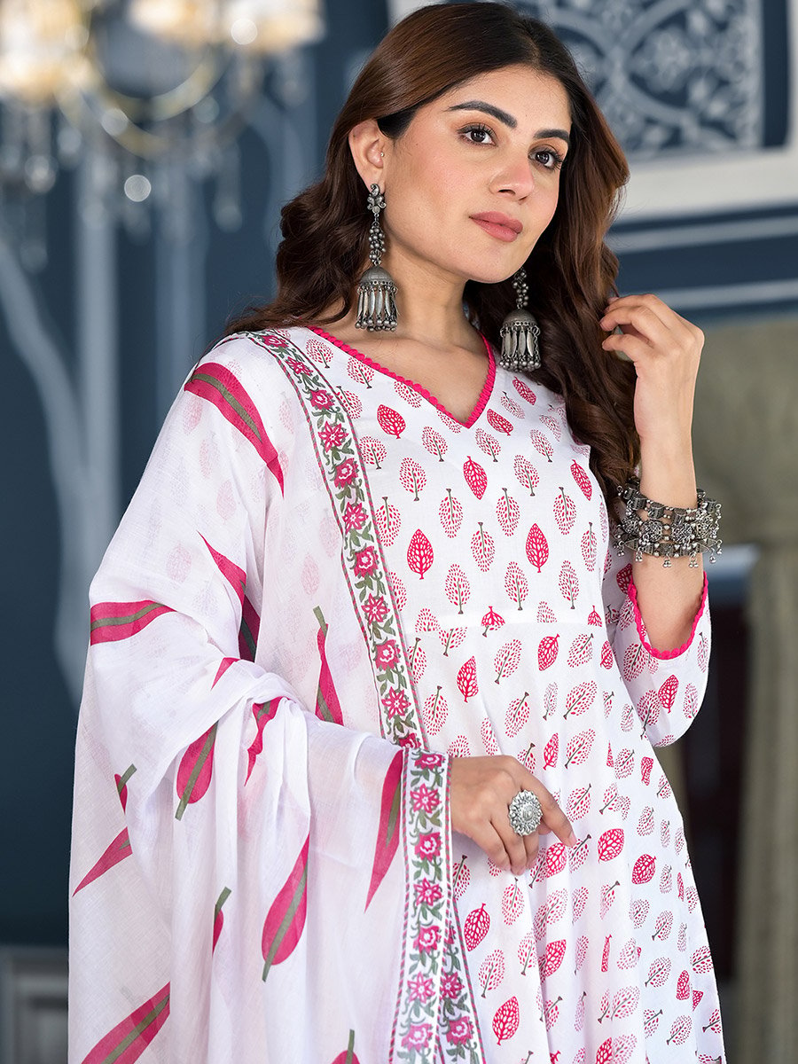 White Cotton Kurta Set with Pink Floral Print
