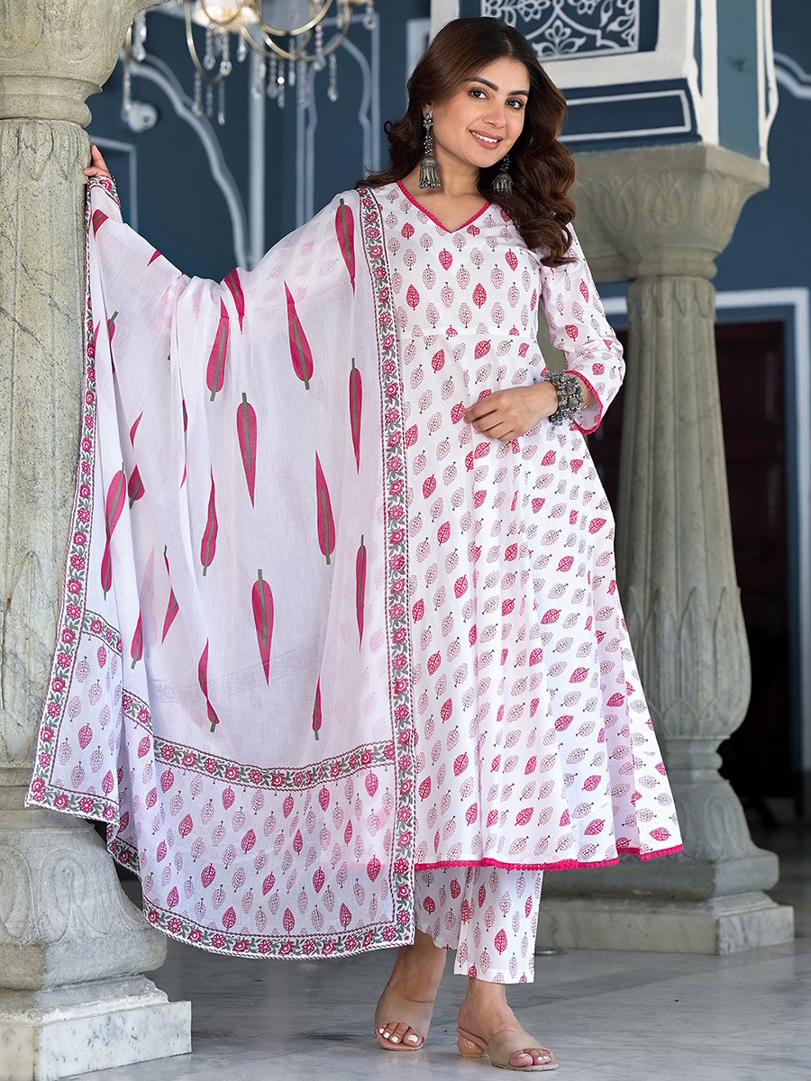 White Cotton Kurta Set with Pink Floral Print