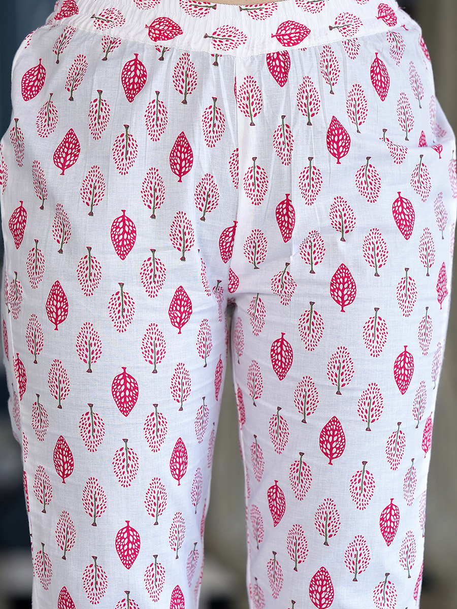 White Cotton Kurta Set with Pink Floral Print