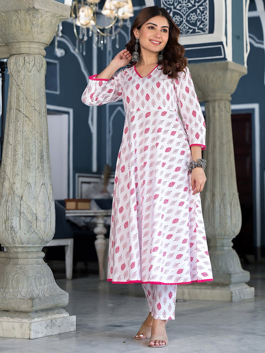 White Cotton Kurta Set with Pink Floral Print