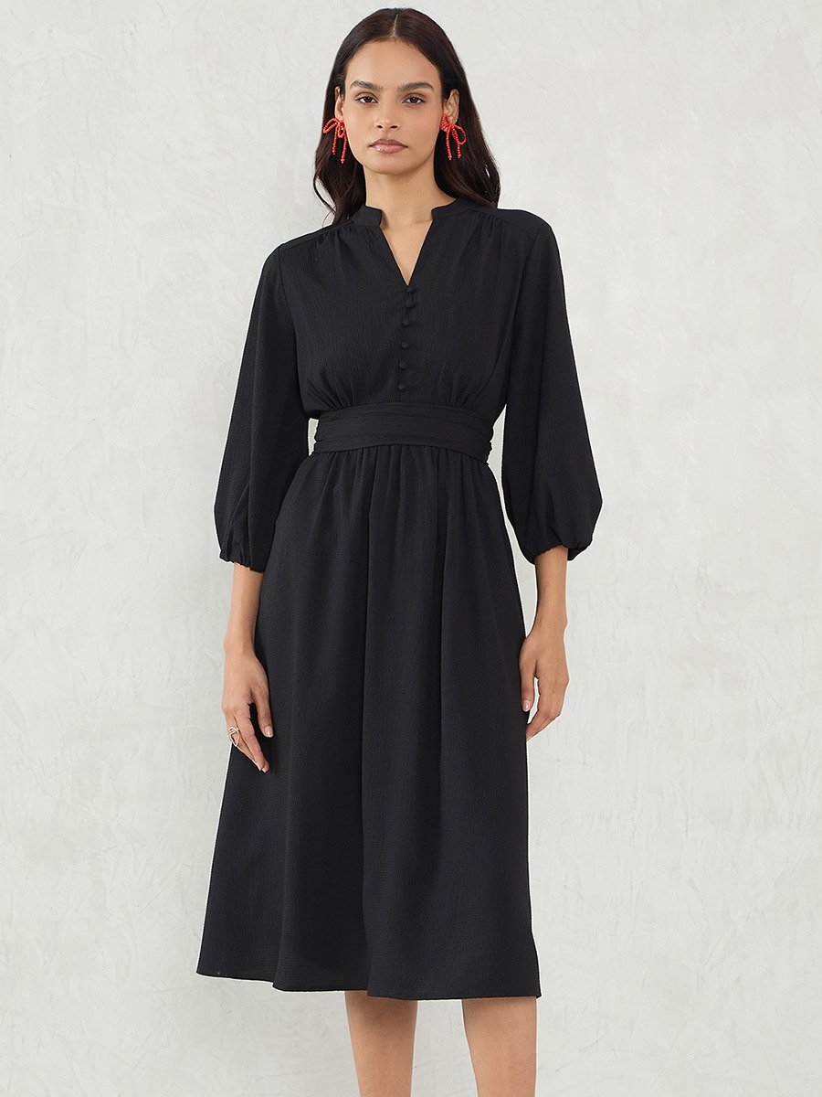 Solid Cinched Waist A-Line Midi Dress