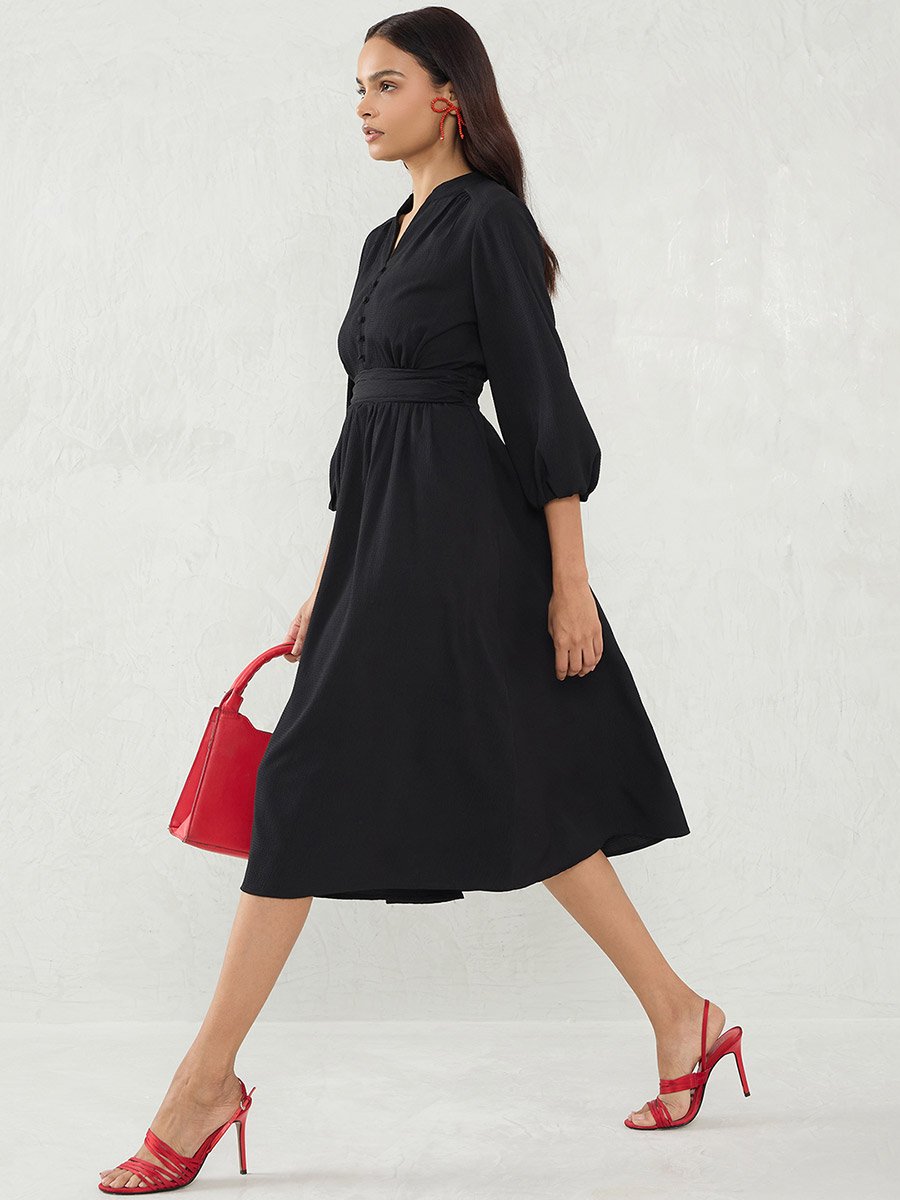 Solid Cinched Waist A-Line Midi Dress
