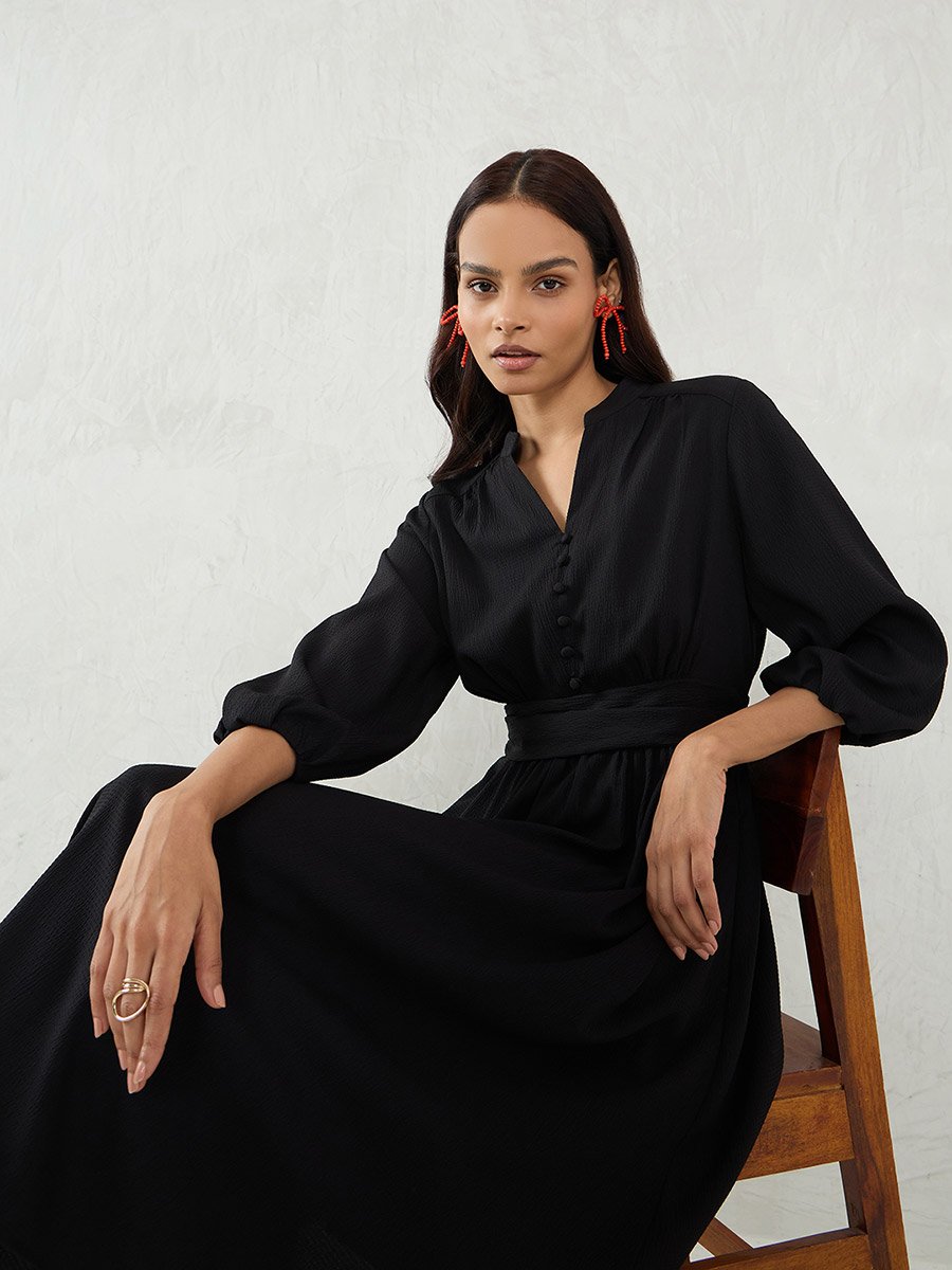 Solid Cinched Waist A-Line Midi Dress