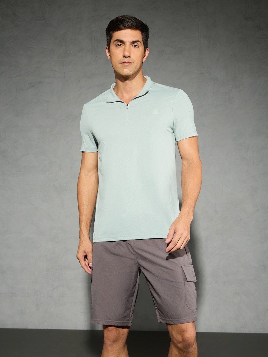 Solid 4-Way Stretch Half Zip Front Slim Fit Polo T-Shirt