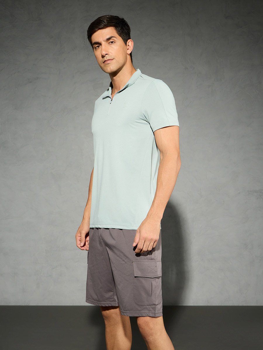 Solid 4-Way Stretch Half Zip Front Slim Fit Polo T-Shirt