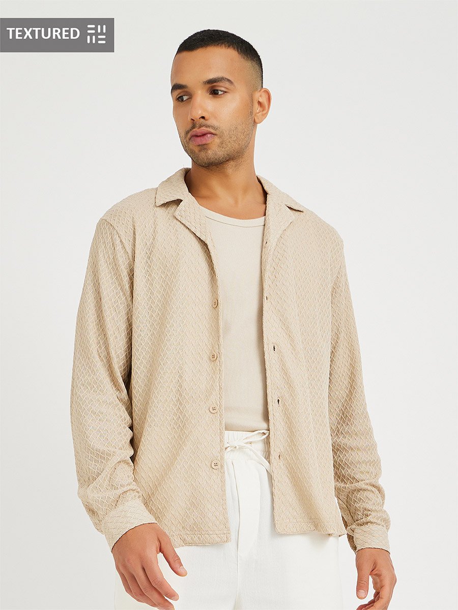 Men Beige Crochet Textured Resort Collar Relaxed Fit Shirt