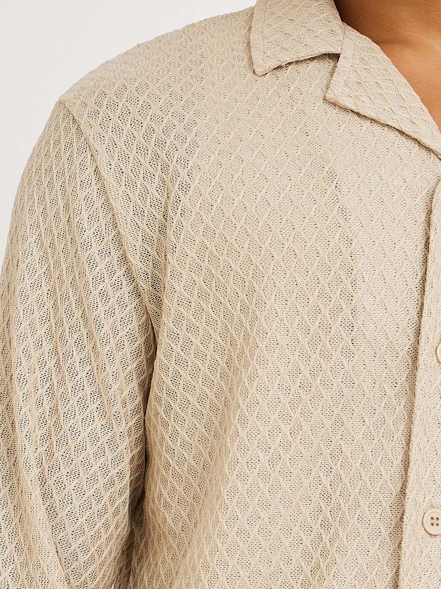 Men Beige Crochet Textured Resort Collar Relaxed Fit Shirt