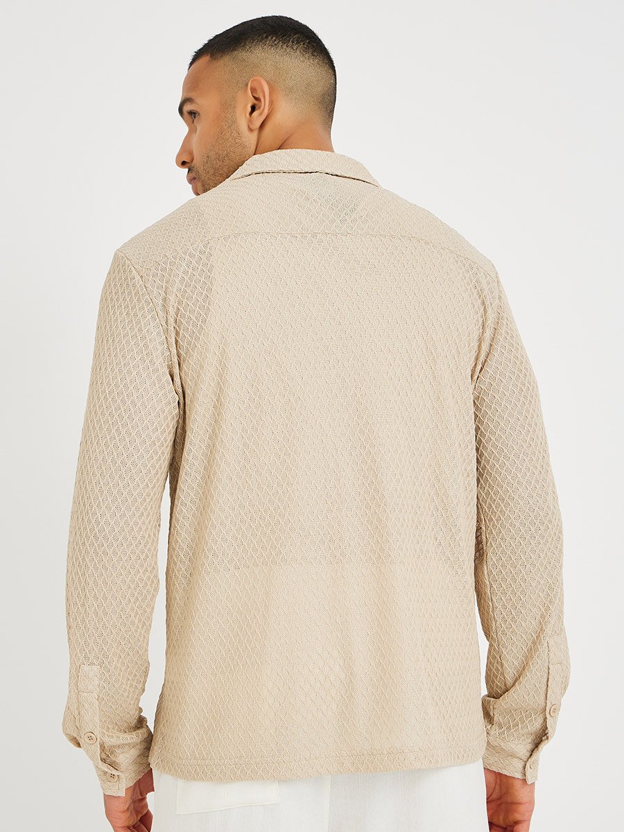 Men Beige Crochet Textured Resort Collar Relaxed Fit Shirt