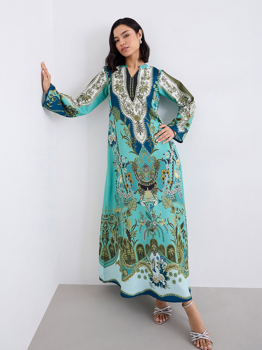 Women Green Maxi Jalabiya with Matching Scarf For Women at Saudi | Styli