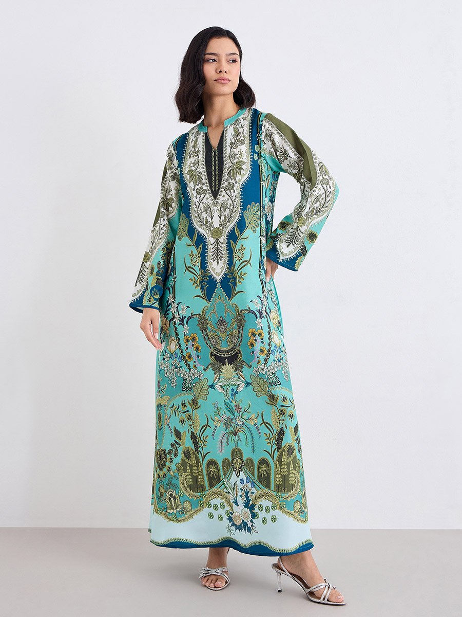 Women Green Maxi Jalabiya with Matching Scarf