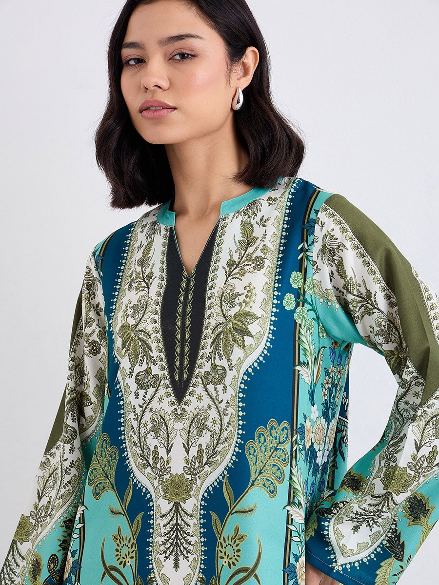 Women Green Maxi Jalabiya with Matching Scarf