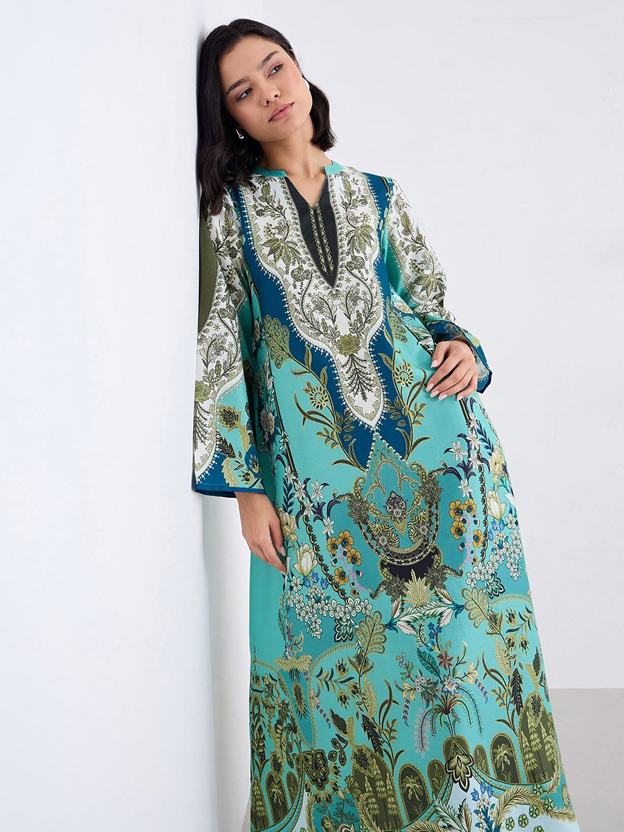 Women Green Maxi Jalabiya with Matching Scarf
