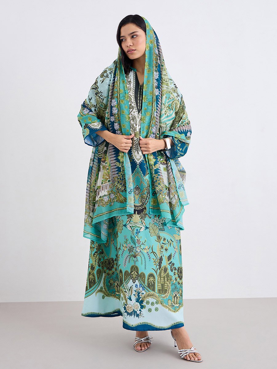 Women Green Maxi Jalabiya with Matching Scarf