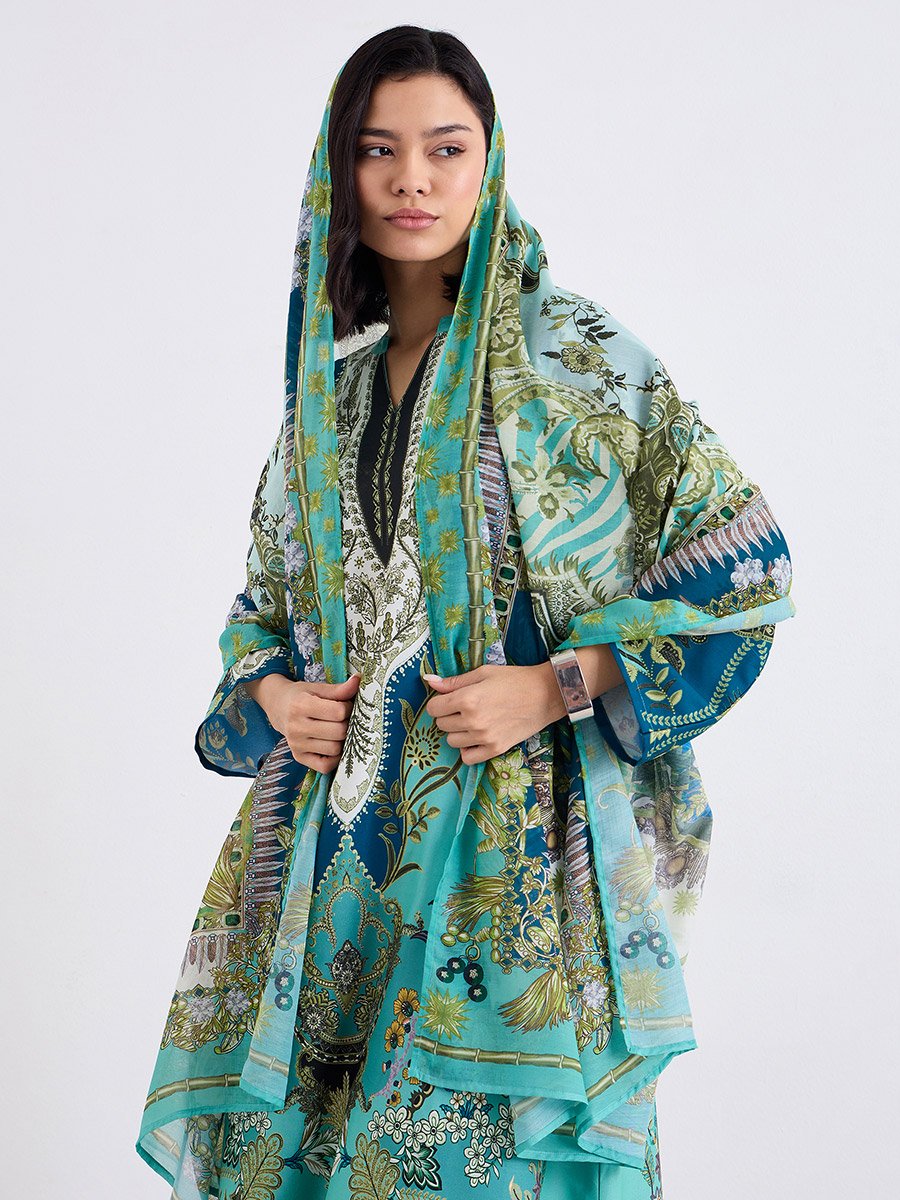 Women Green Maxi Jalabiya with Matching Scarf
