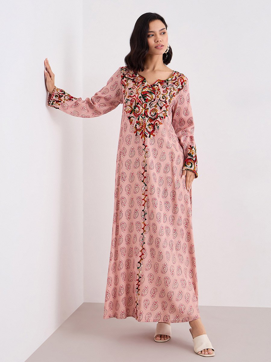 Women Pink Rayon Printed Jalabiya with Embroidery Detail