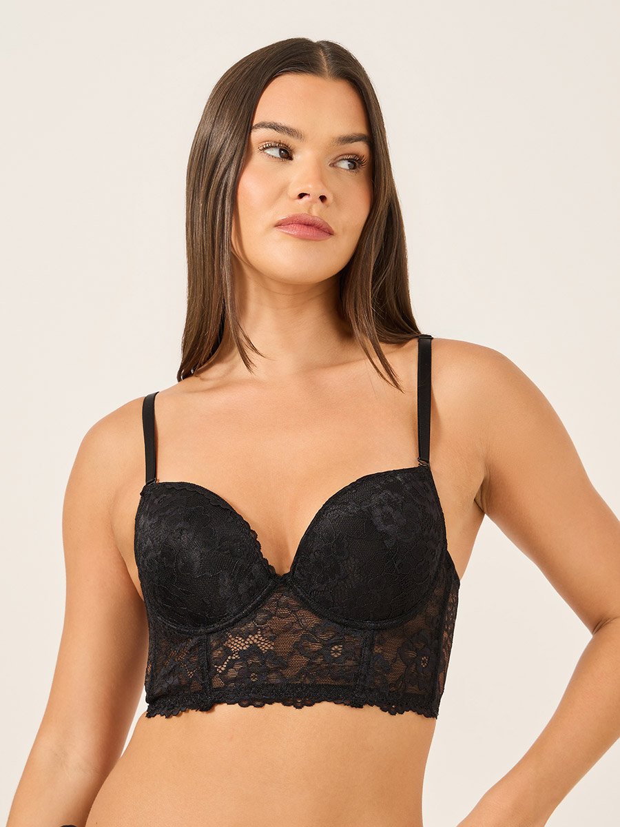 Solid Lace Longline Padded Wired Push Up Bra