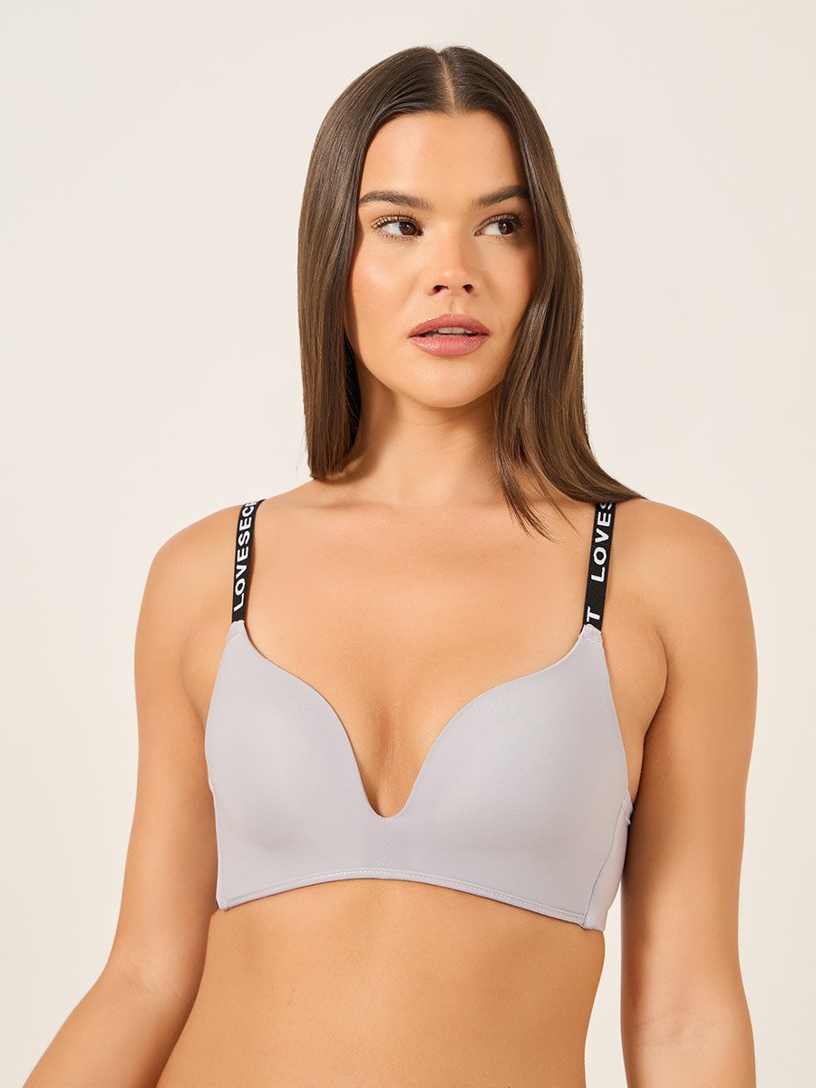 Letter Tape Strap Padded Non Wired Plunge Bra