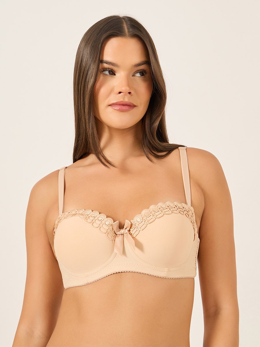 Solid Lace and Bow Detail Padded Wired Push Up Bra
