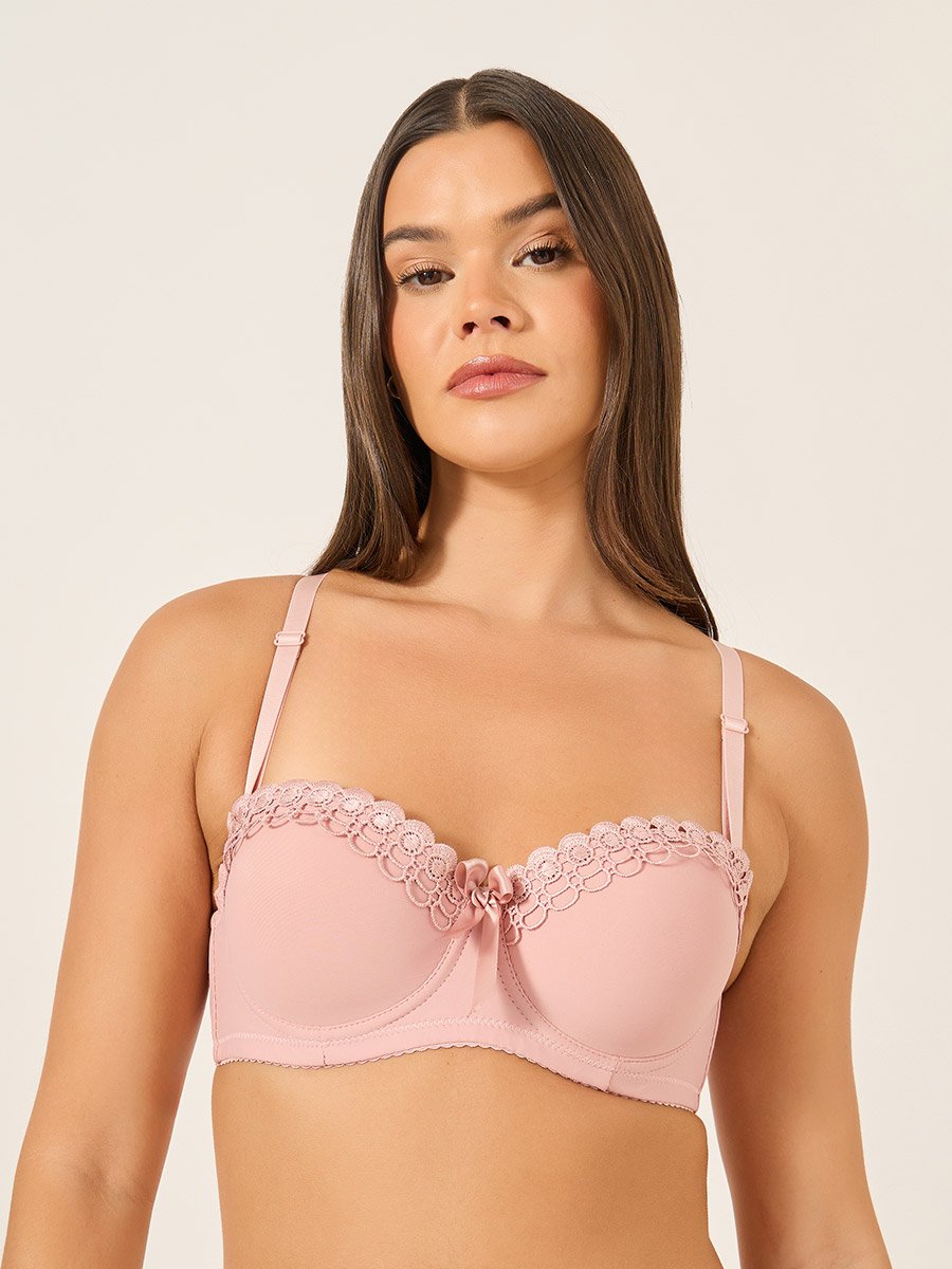 Solid Lace and Bow Detail Padded Wired Push Up Bra